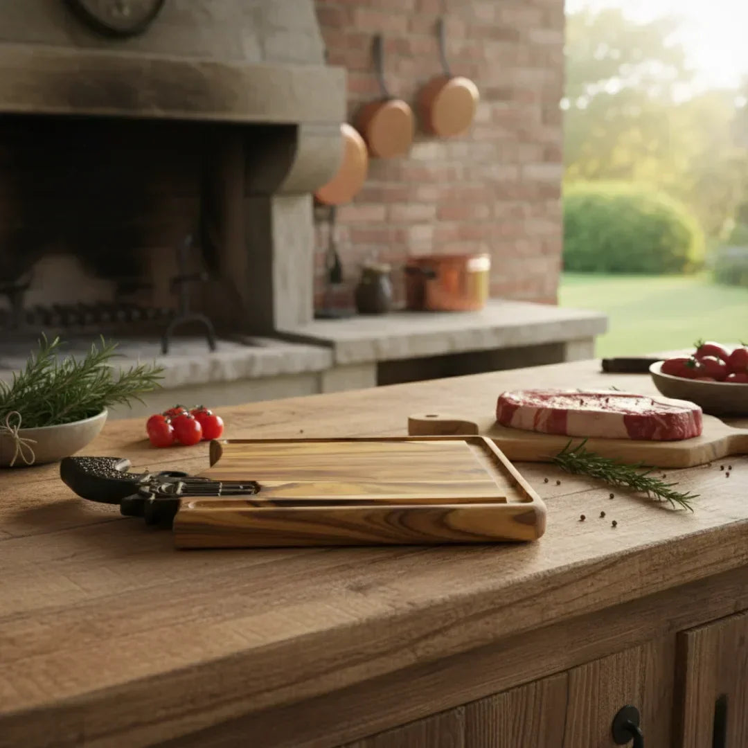 Tábua de Churrasco Artesanal Madeira Teka - Cabo Revólver Esculpido