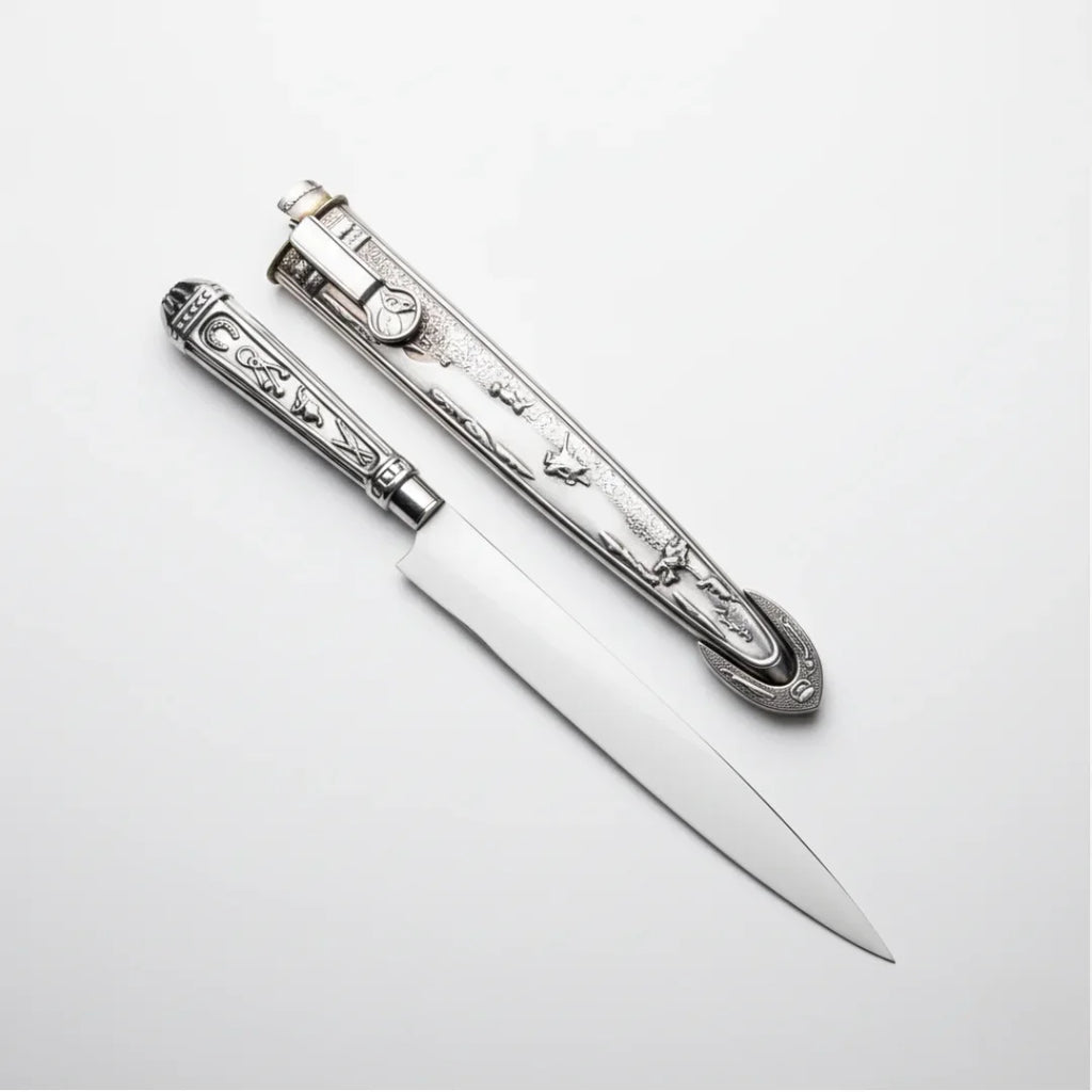 Faca Artesanal Relíquia Gaúcha Prateada 7" Aço 420C - Cabo Metal Bainha Decorada