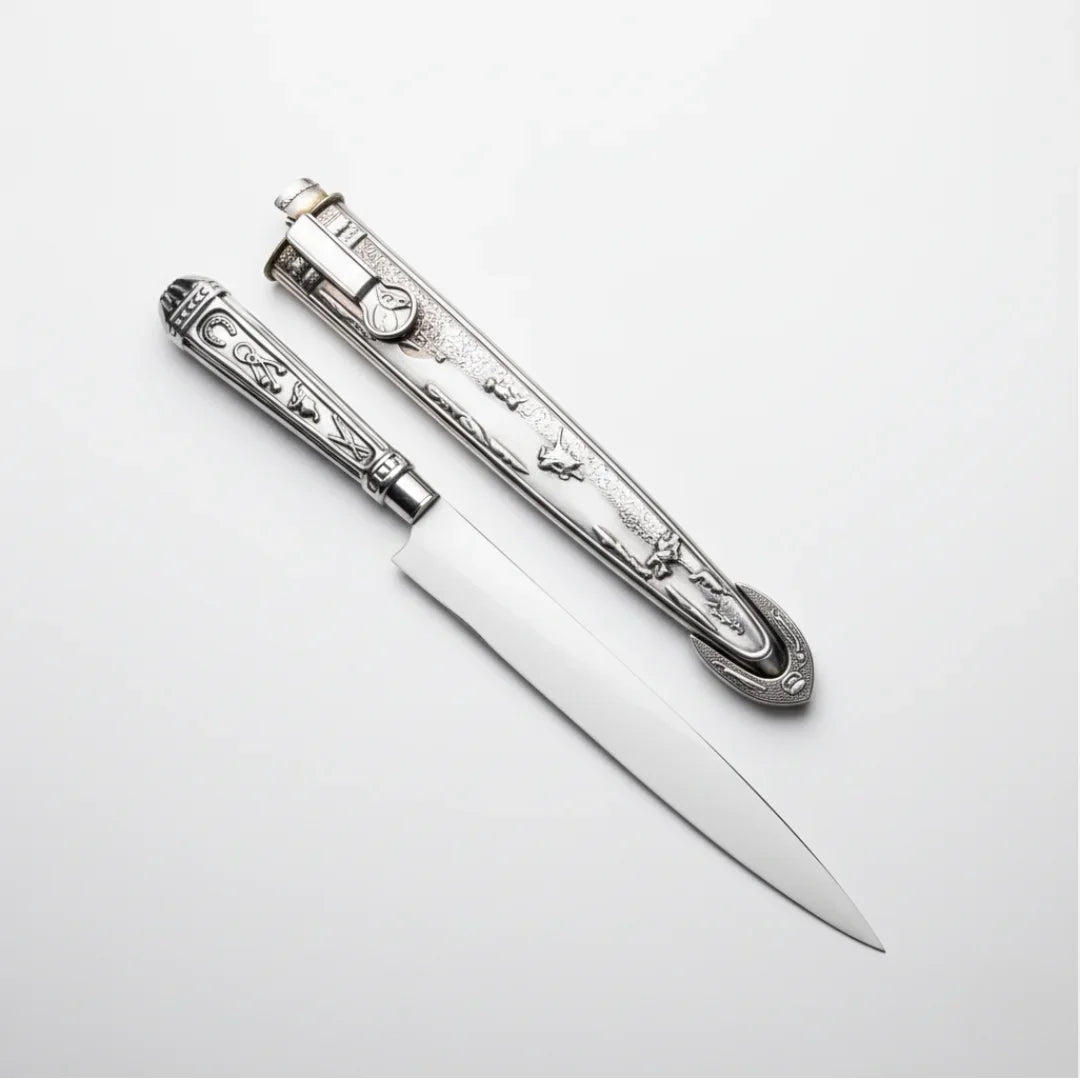 Faca Artesanal Relíquia Gaúcha Prateada 7" Aço 420C - Cabo Metal Bainha Decorada