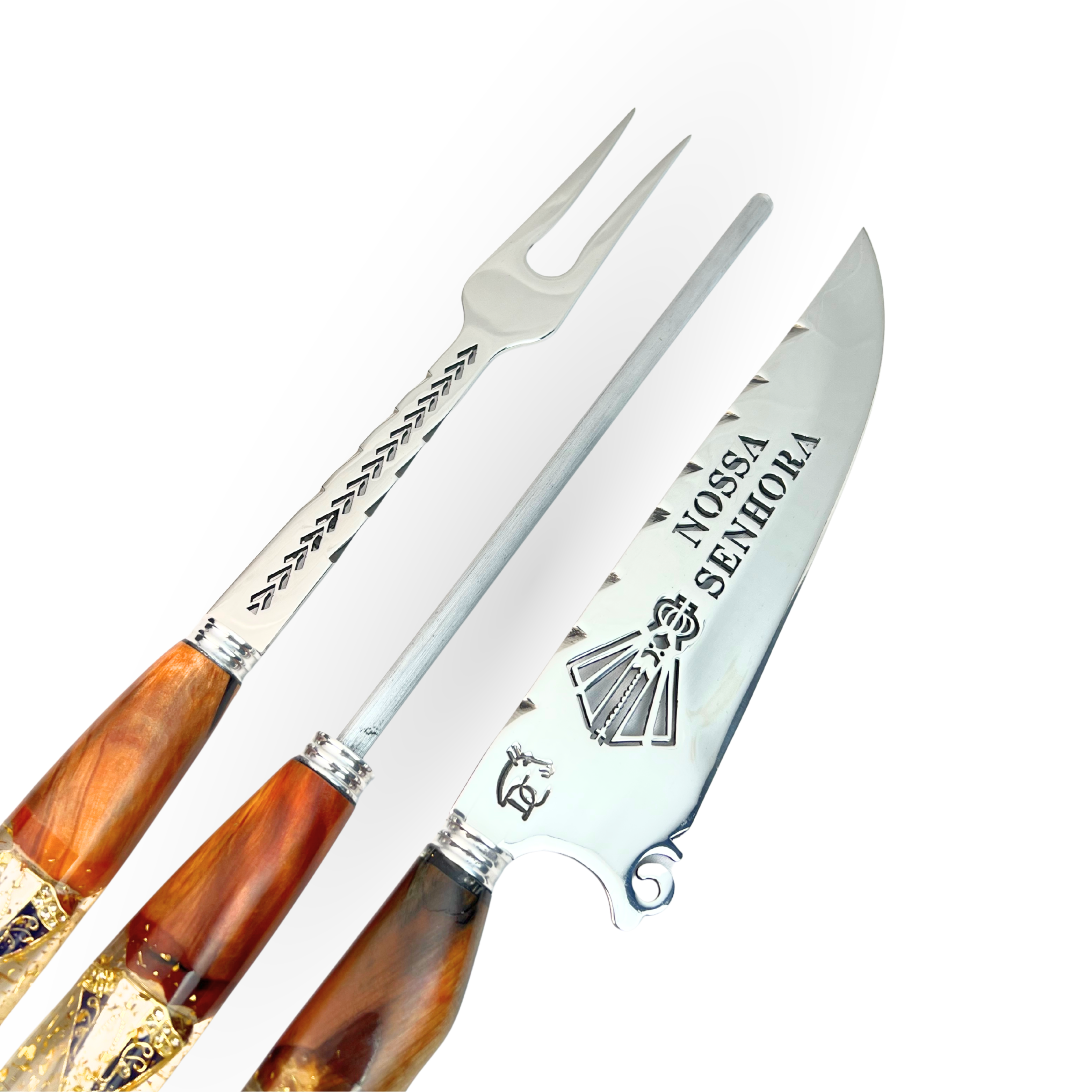 Kit Artesanal 10" 3 Peças (Garfo + Faca + Chaira) - Cabo Híbrido Madeira e Resina com Nossa Senhora