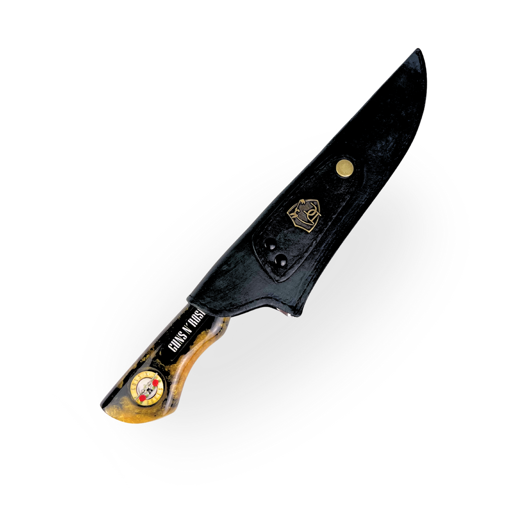 Faca Artesanal Guns N' Roses 8 Polegadas - Aço Inox com Bainha de Couro