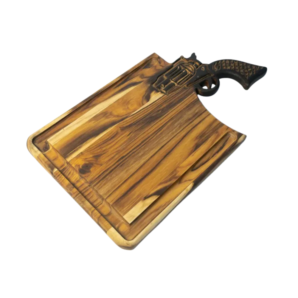 Tábua de Churrasco Artesanal Madeira Teka - Cabo Revólver Esculpido