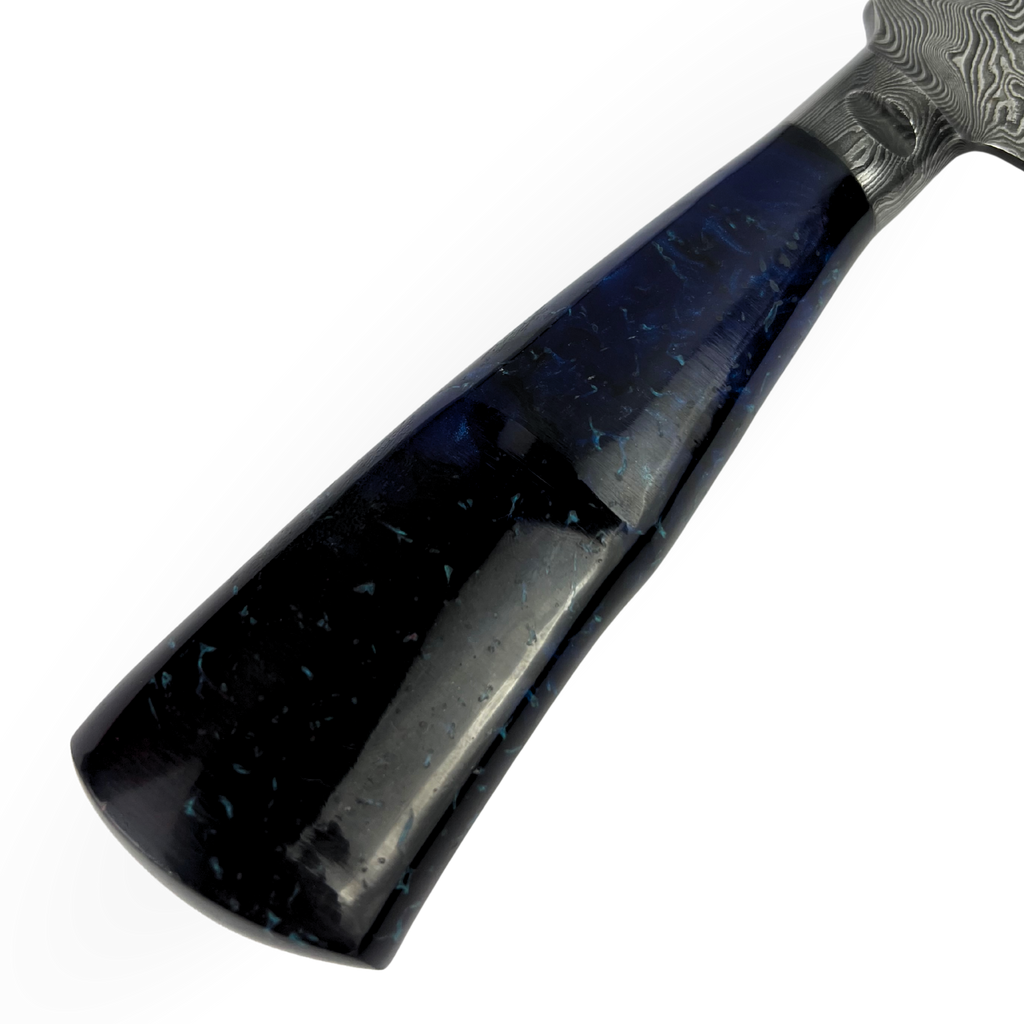 Faca Artesanal Damasco 39cm - Cabo Resina Azul - Peça Exclusiva