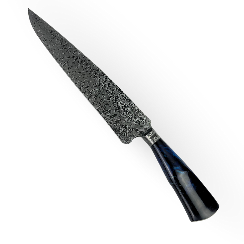 Faca Artesanal Damasco 39cm - Cabo Resina Azul - Peça Exclusiva