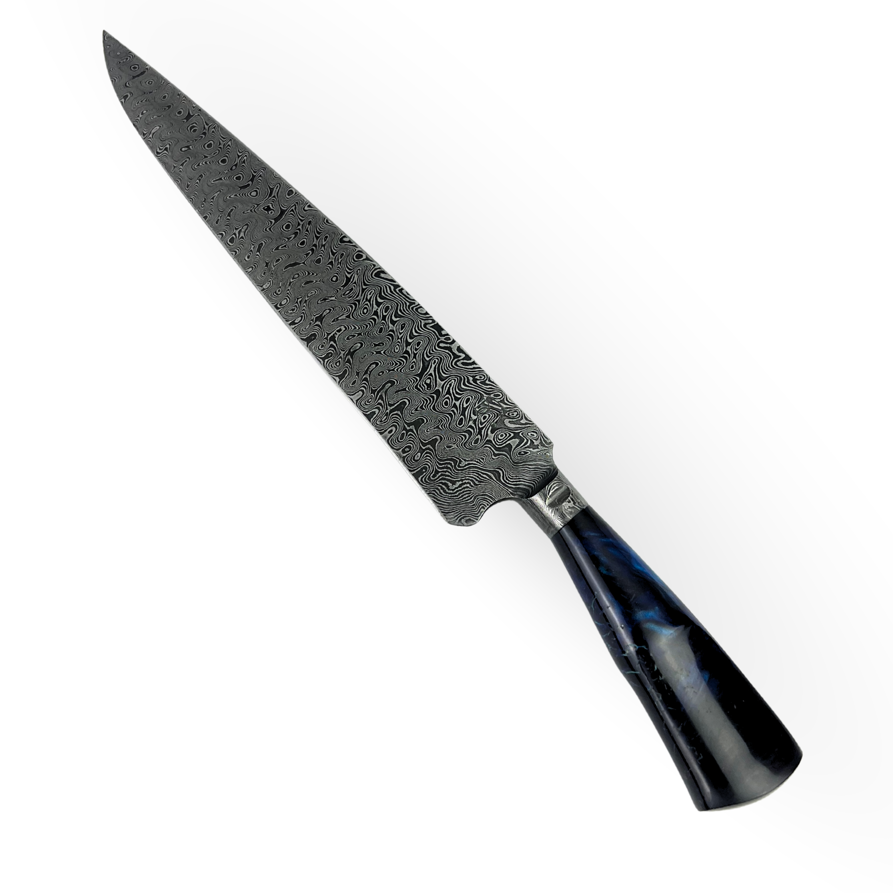 Faca Artesanal Damasco 39cm - Cabo Resina Azul - Peça Exclusiva