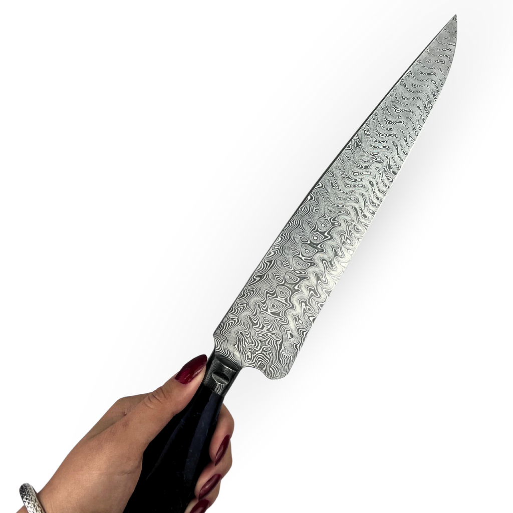 Faca Artesanal Damasco 39cm - Cabo Resina Azul - Peça Exclusiva