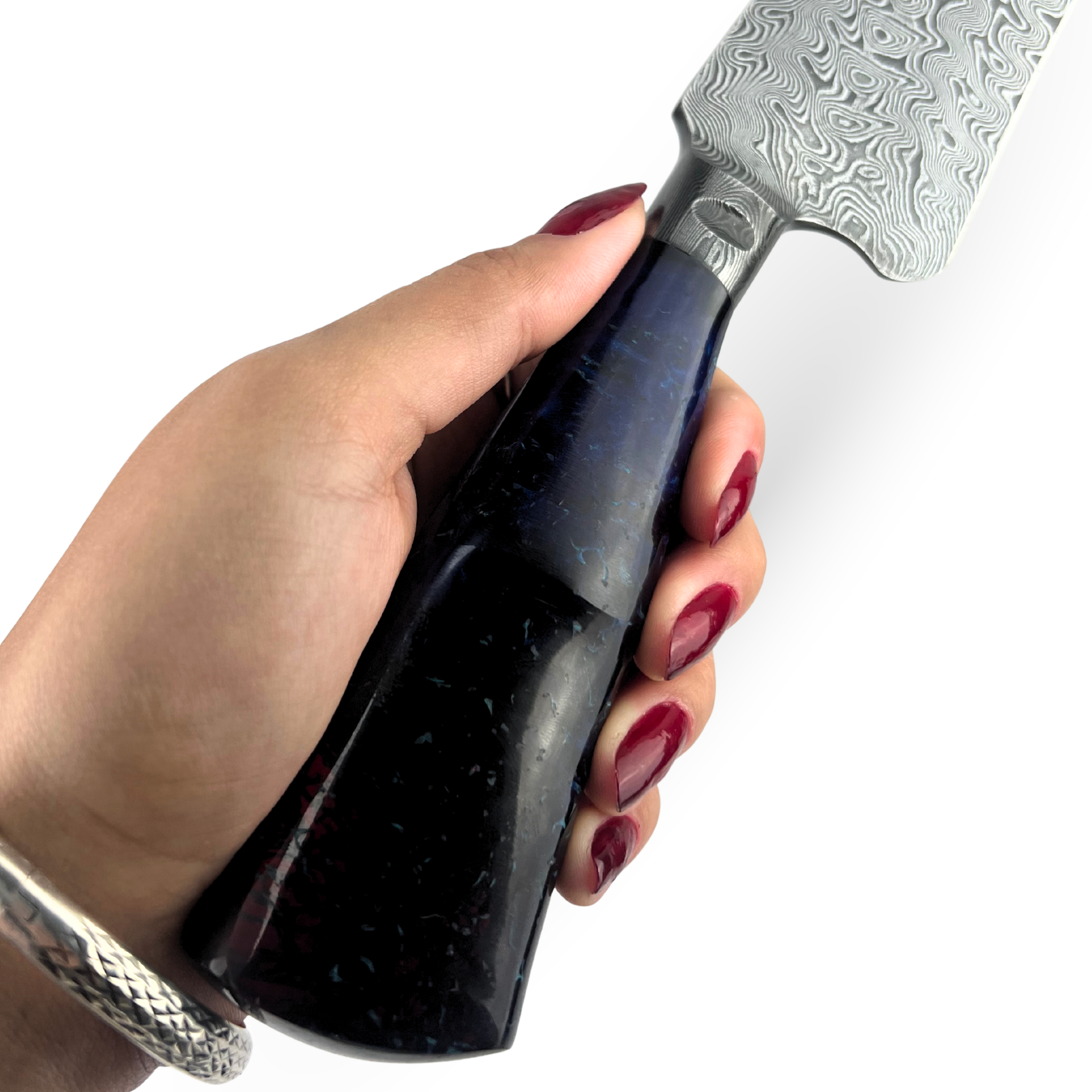 Faca Artesanal Damasco 39cm - Cabo Resina Azul - Peça Exclusiva