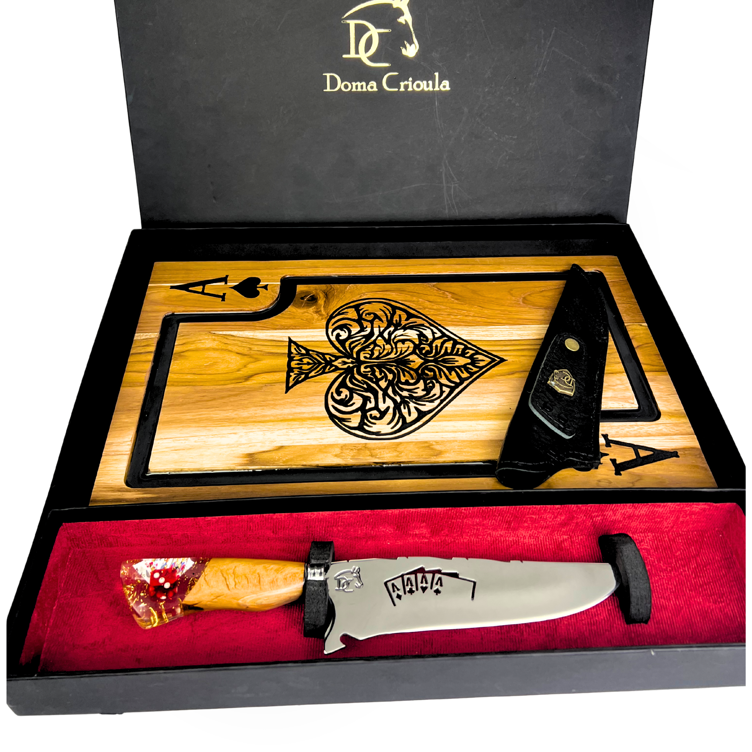 Kit Baralho Premium - Tábua Ás de Copas + Faca 8 Polegadas - Caixa Presente Exclusiva