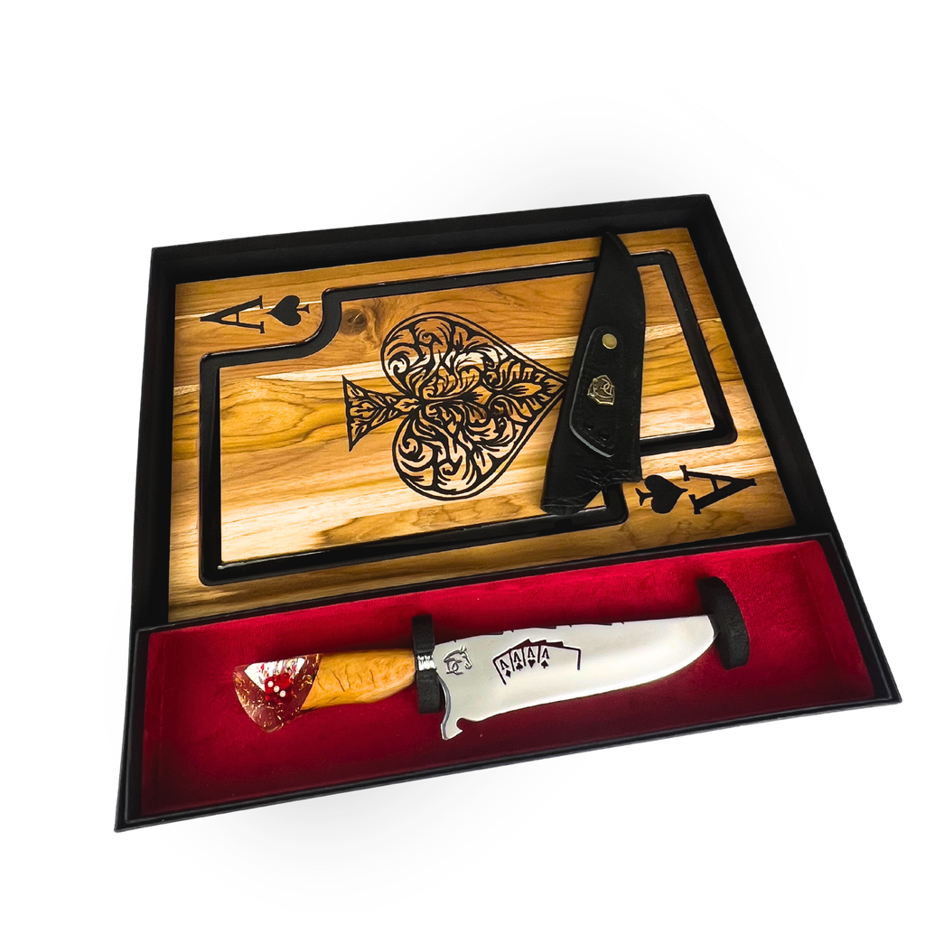 Kit Baralho Premium - Tábua Ás de Copas + Faca 8 Polegadas - Caixa Presente Exclusiva