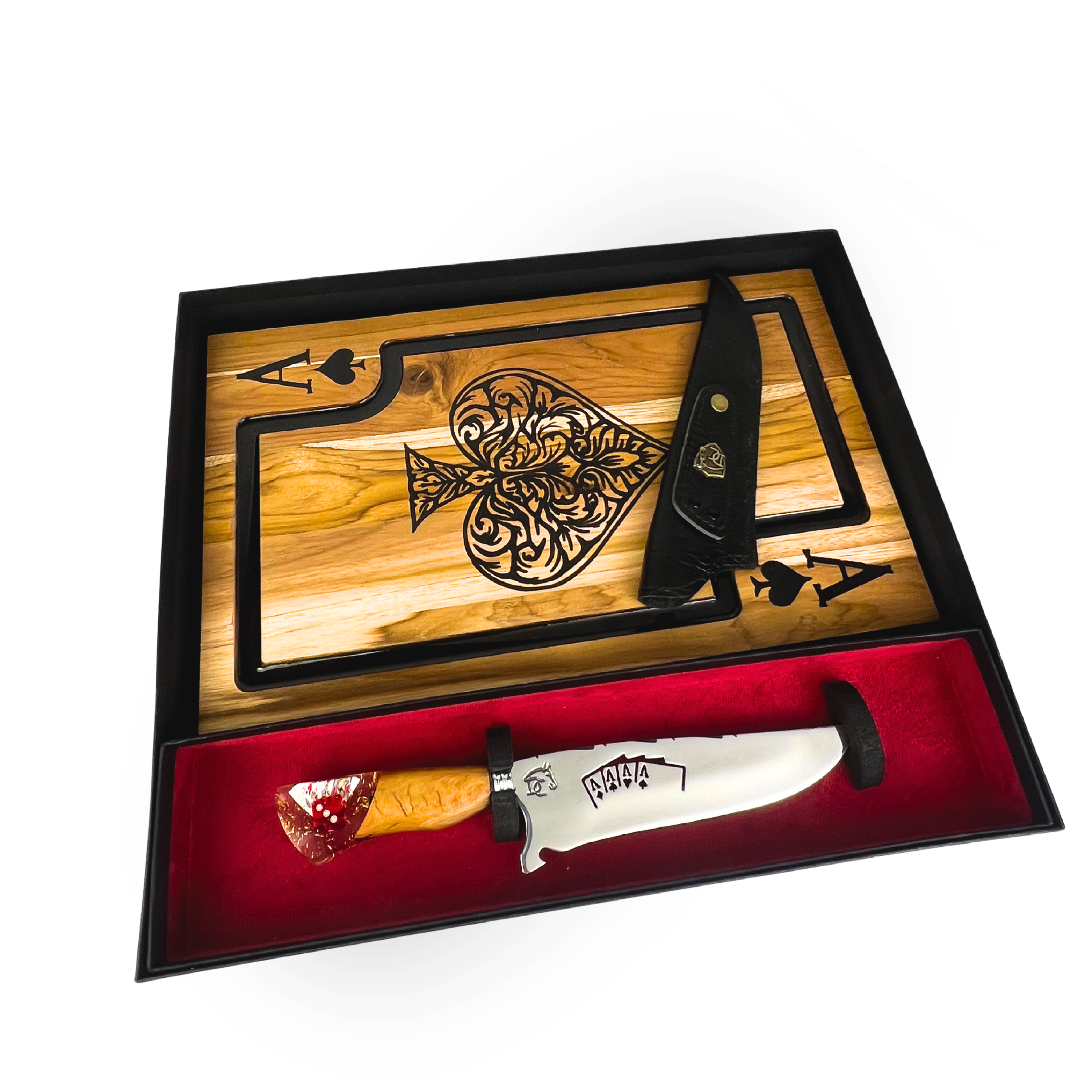 Kit Baralho Premium - Tábua Ás de Copas + Faca 8 Polegadas - Caixa Presente Exclusiva