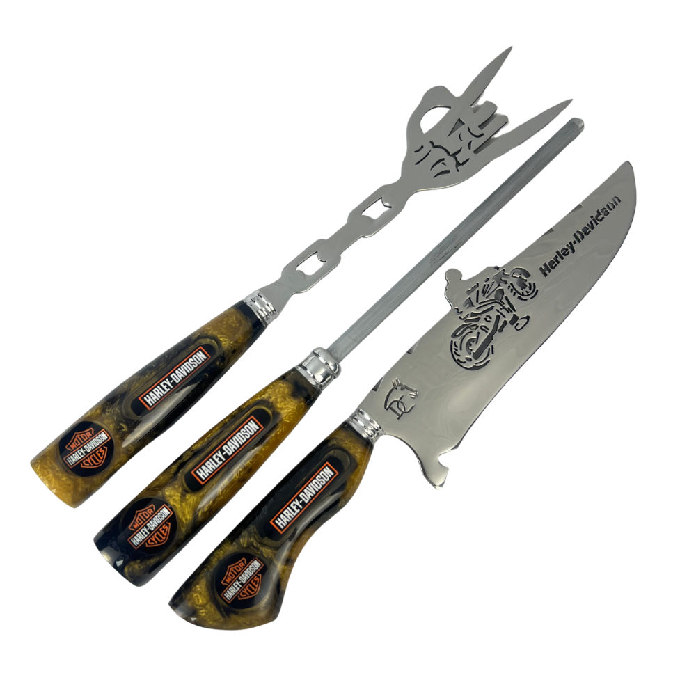 Kit Faca, Garfo e Chaira Harley-Davidson - Cabo Resina Personalizado