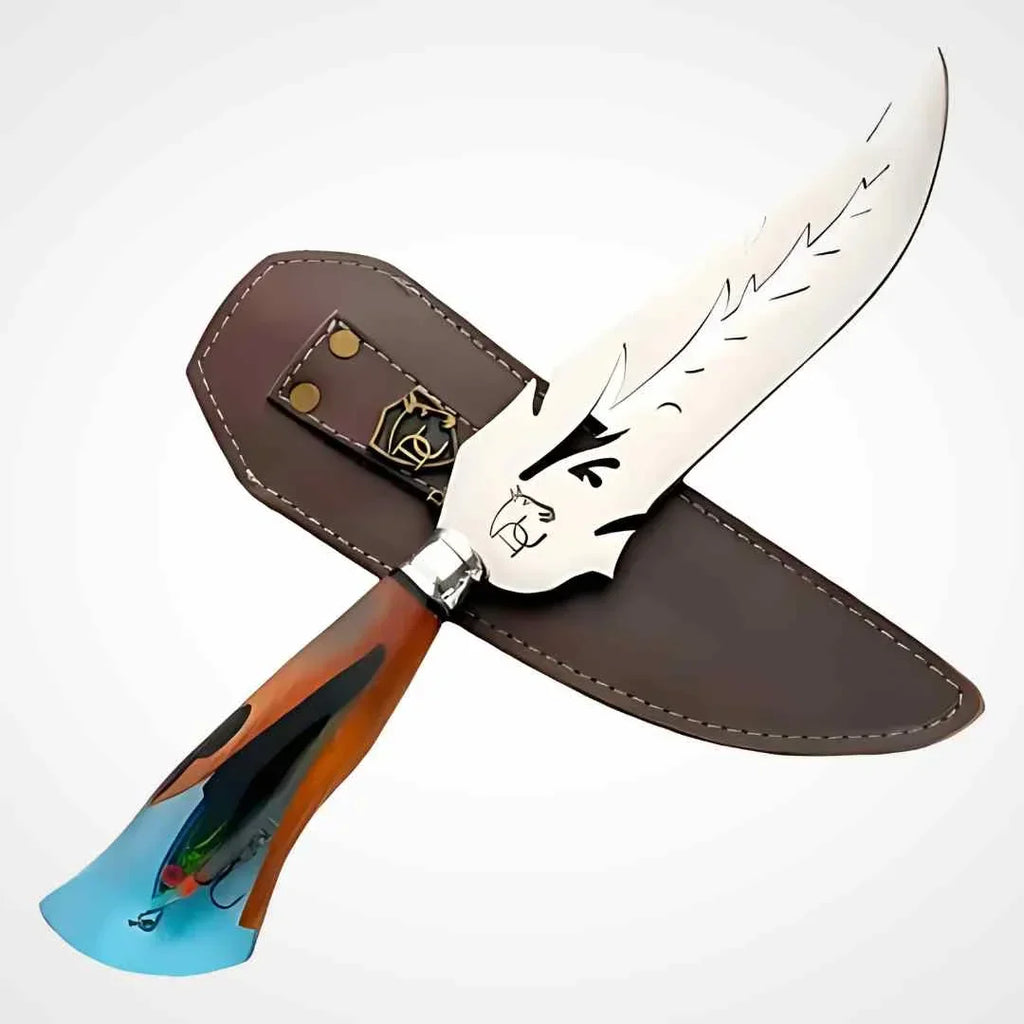 Faca de Churrasco Artesanal 8" Aço Inox Vazado Folha - Cabo Resina com Isca Peixe