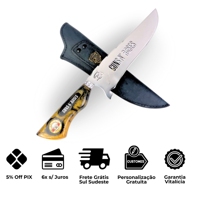 Faca Artesanal Guns N' Roses 8 Polegadas - Aço Inox com Bainha de Couro