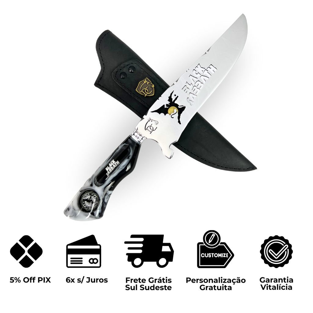 Faca Black Sabbath 8 Polegadas | Lâmina Vazada - Cabo Resina Personalizado