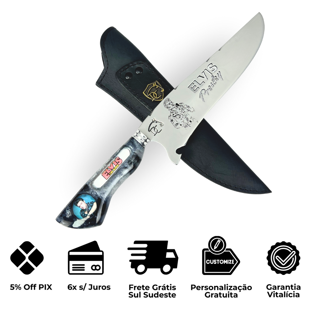 Faca Elvis Presley 8" - Cabo Resina Personalizado - Edição Especial Rock