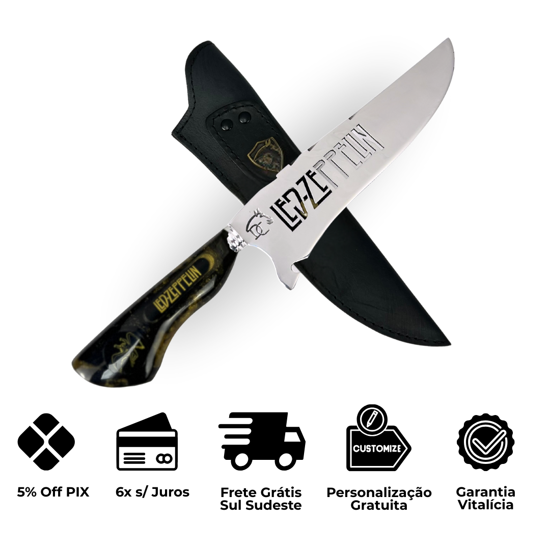 Faca Picanheira 8" Led Zeppelin - Cabo Resina Preta e Dourada