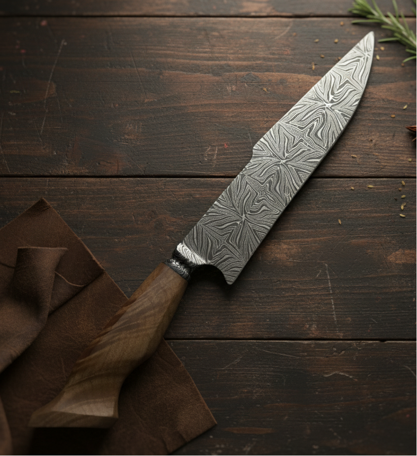 Faca Damasco Padrão Mosaico 8 Polegadas - Cabo Madeira Spalted - Peça Única Exclusiva