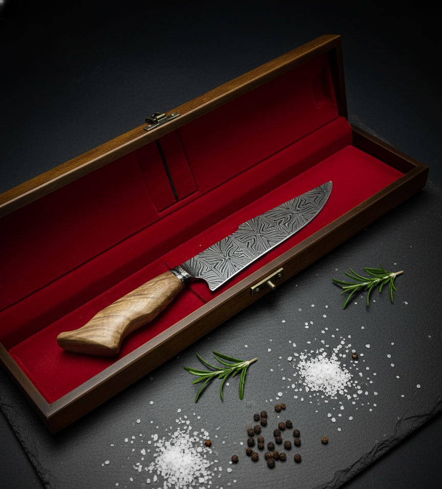 Faca Damasco Padrão Mosaico 8 Polegadas - Cabo Madeira Spalted - Peça Única Exclusiva