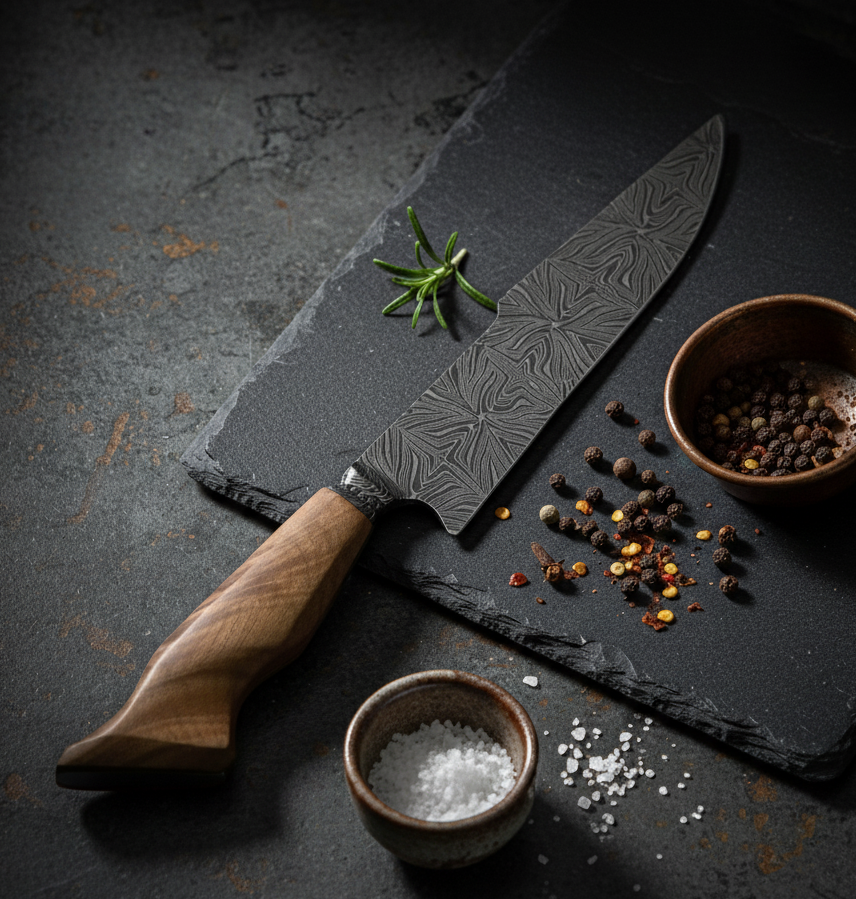 Faca Damasco Padrão Mosaico 8 Polegadas - Cabo Madeira Spalted - Peça Única Exclusiva