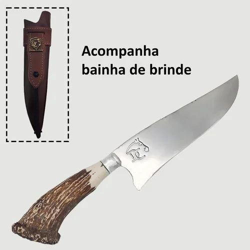 Faca de Churrasco Artesanal 8" Aço Inox 3mm - Cabo Chifre de Cervo Natural
