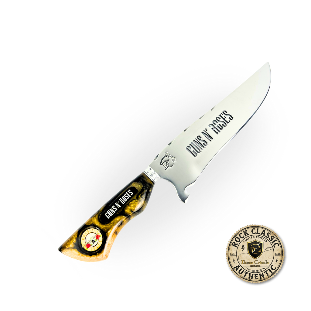 Faca Artesanal Guns N' Roses 8 Polegadas - Aço Inox com Bainha de Couro