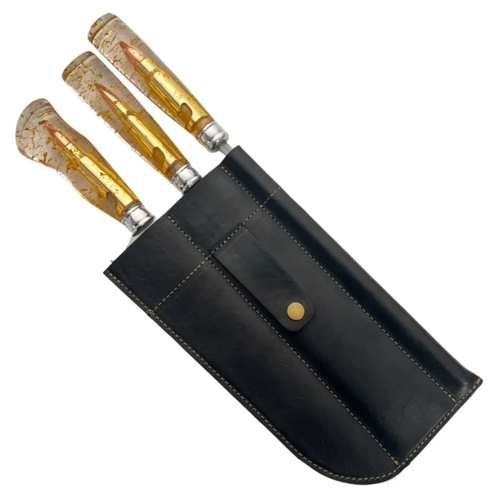 Kit Churrasco 3 Peças Gold - Faca 8" Garfo Chaira Cabo Resina Dourada