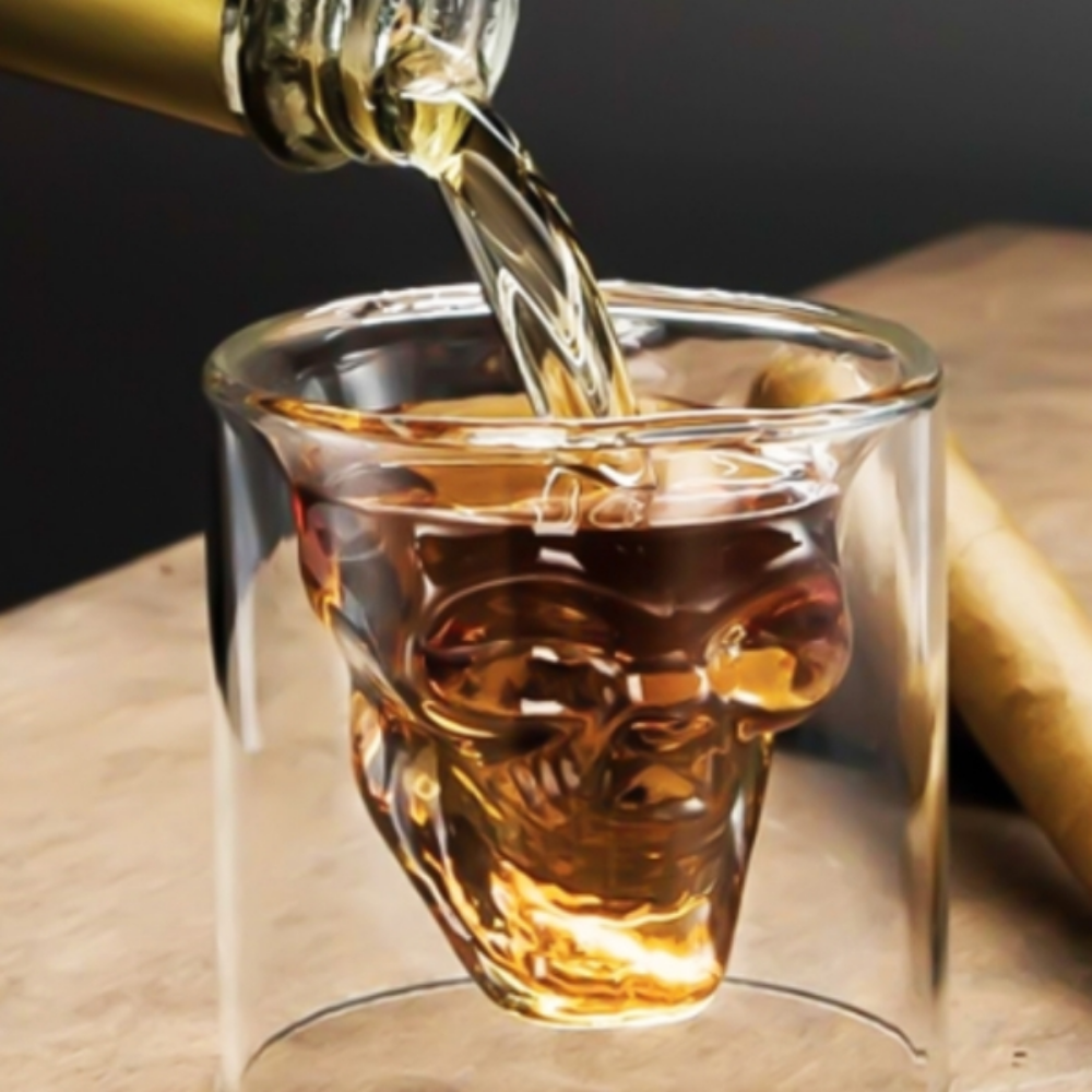 Copo Whisky Caveira Vidro Duplo - 2 Peças - 75ml - Design 3D