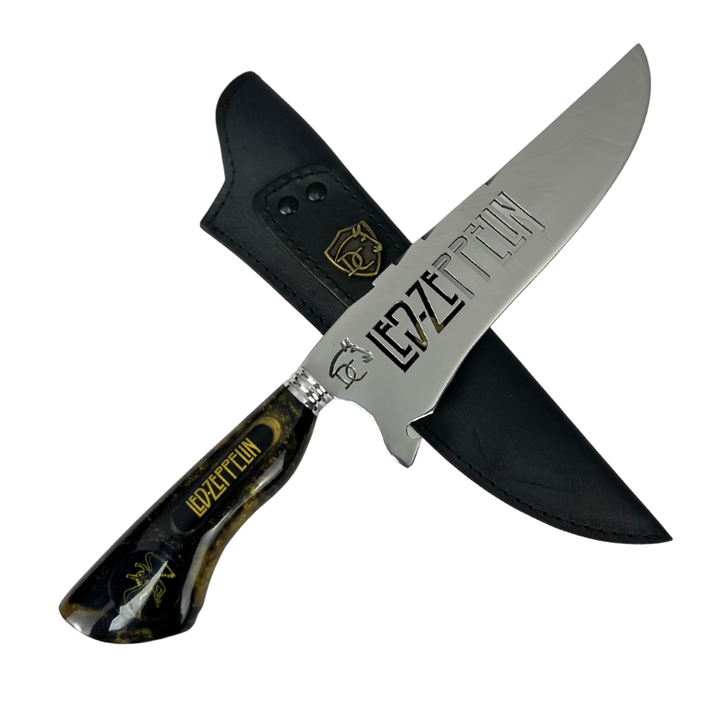 Faca Picanheira 8" Led Zeppelin - Cabo Resina Preta e Dourada