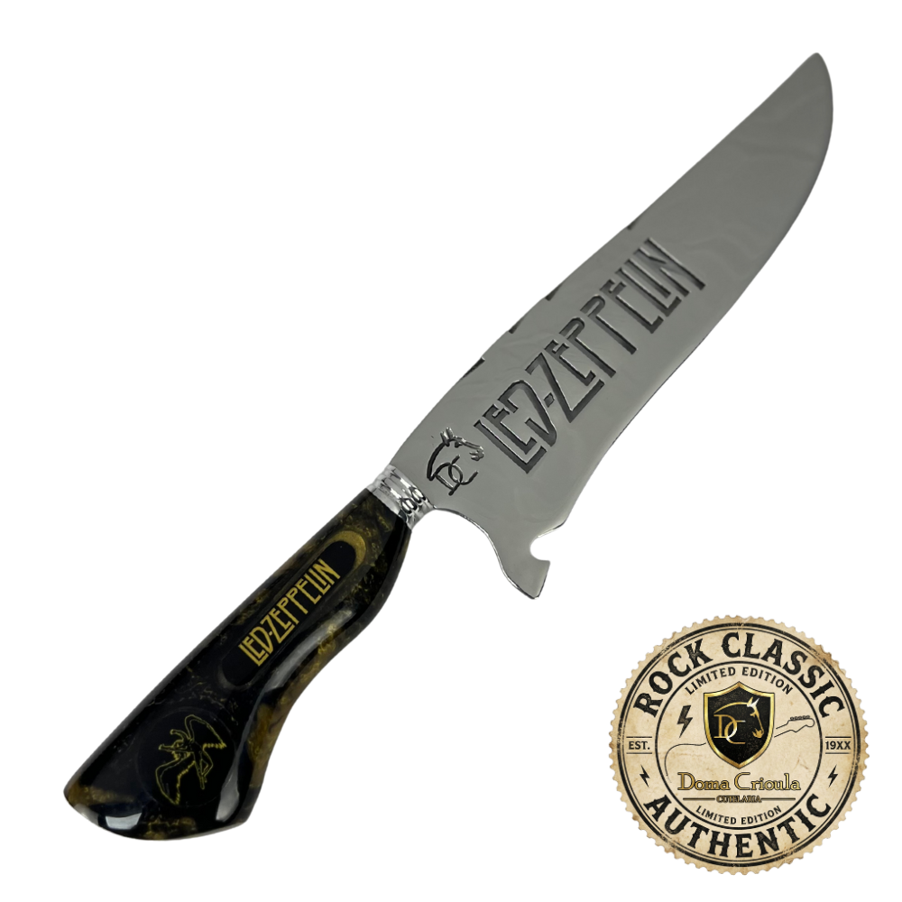 Faca Picanheira 8" Led Zeppelin - Cabo Resina Preta e Dourada