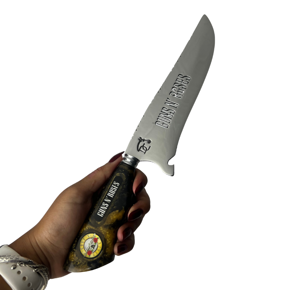 Faca Artesanal Guns N' Roses 8 Polegadas - Aço Inox com Bainha de Couro