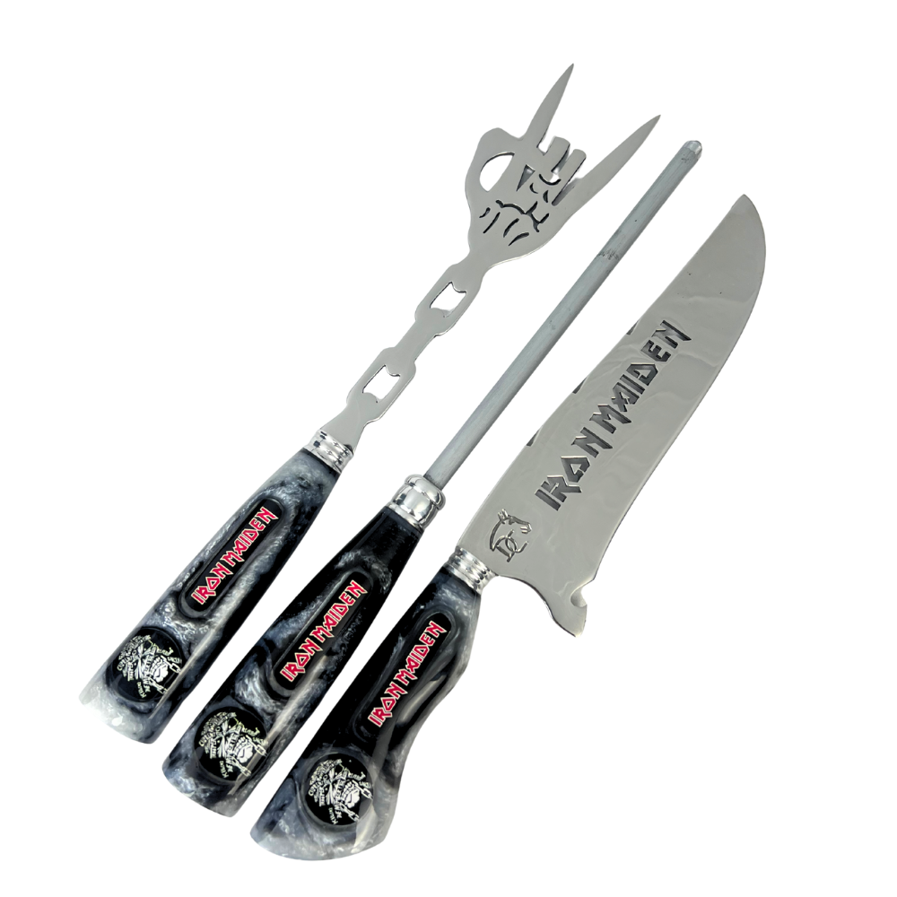 Kit Faca, Garfo e Chaira 8" Iron Maiden - Cabo Resina Personalizado
