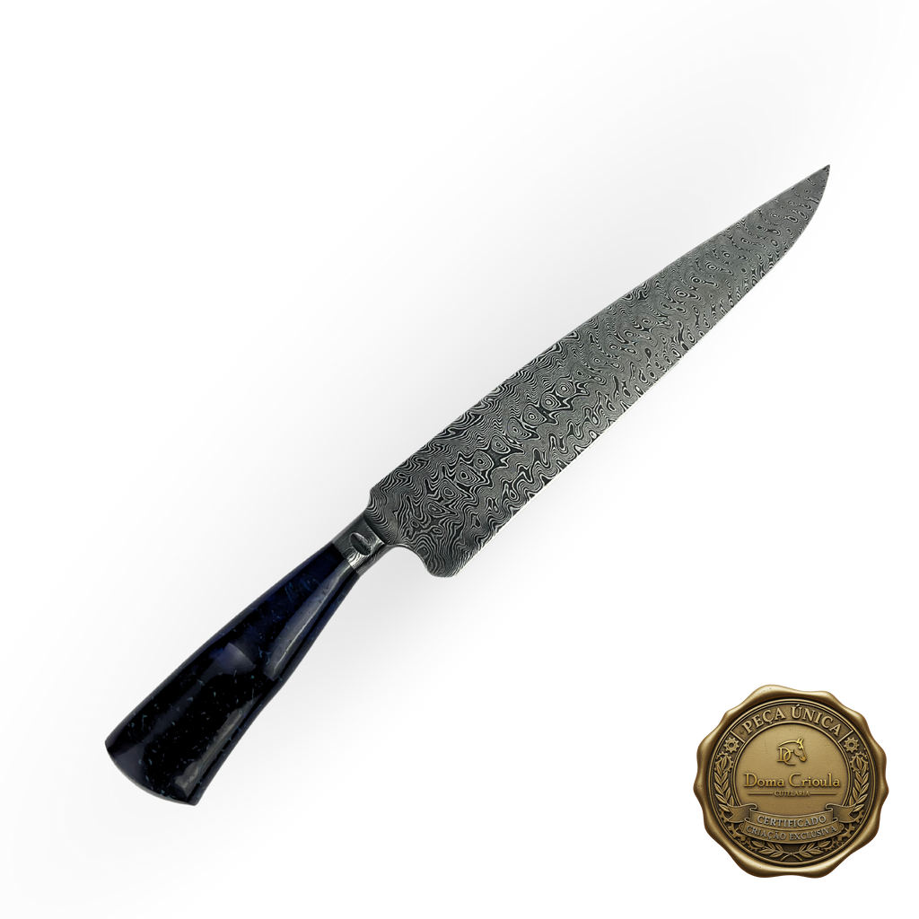 Faca Artesanal Damasco 39cm - Cabo Resina Azul - Peça Exclusiva